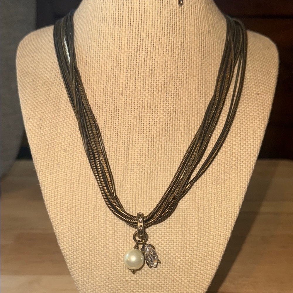 Silpada Dreamy Details Brass Multi-Strand Necklace Pearl & Crystal Charm KRN0026
